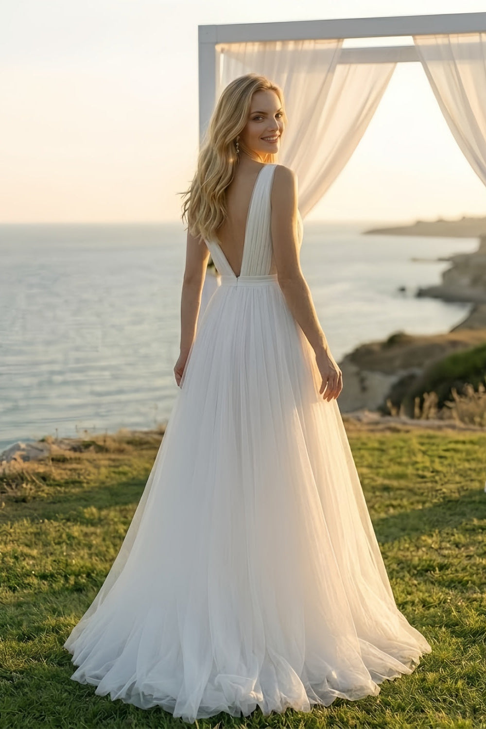 White A-Line V neck Wedding Dress with Pleats