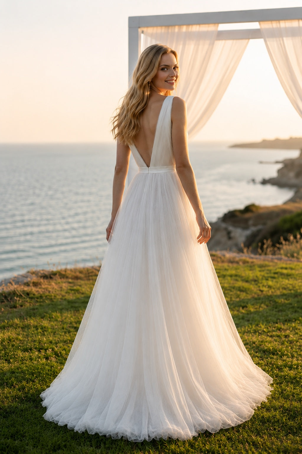 White A-Line V neck Wedding Dress with Pleats