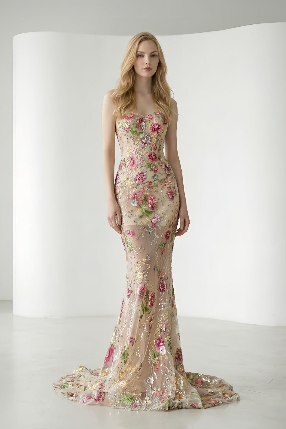 Champagne Strapless Mermaid Wedding Dress with Floral Appliques