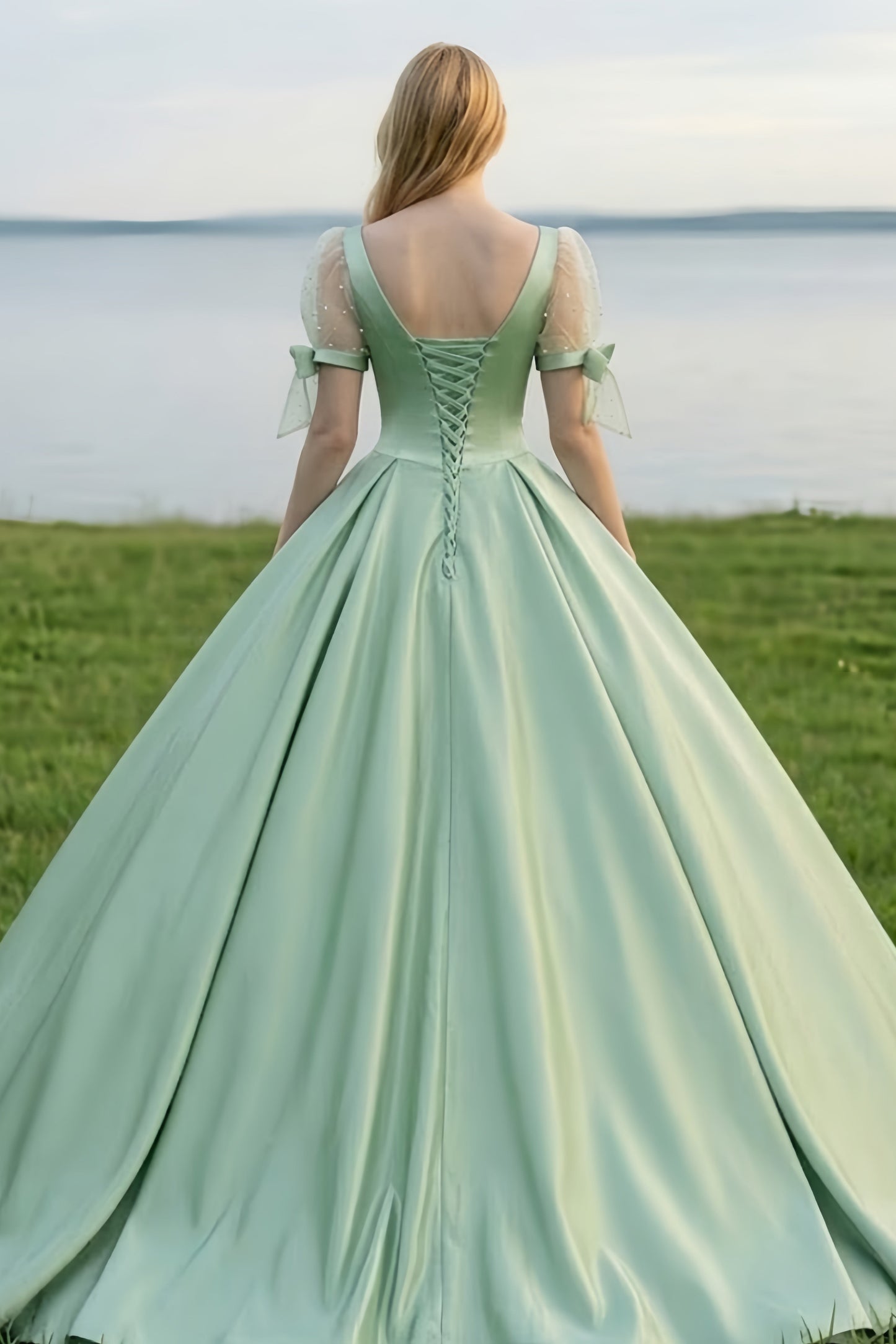 Sage Ball Gown Square Neck Quinceanera Dress with Bow