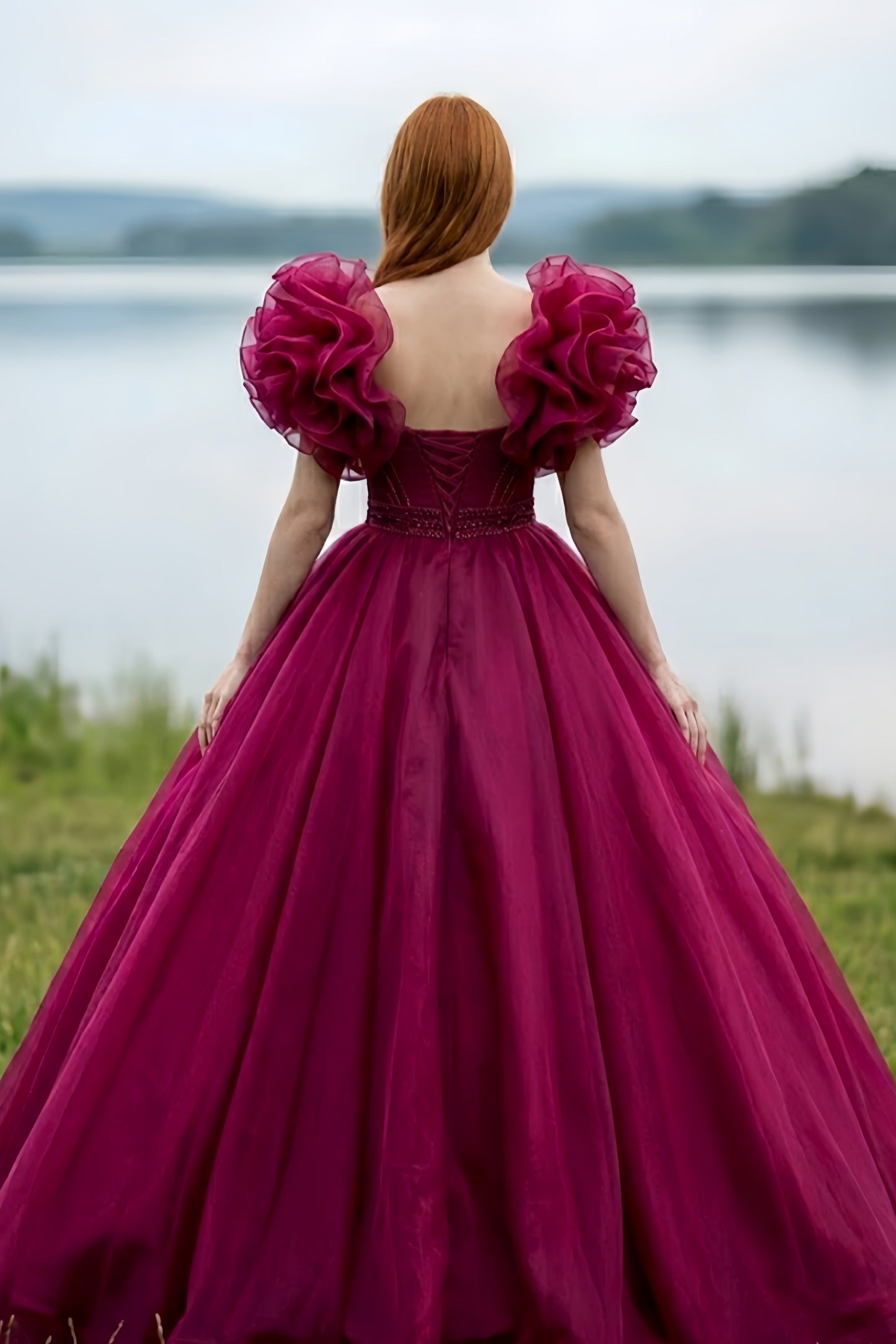 Fuchsia Ball Gown V Neck Quinceanera Dress with Ruched Puff Sleeves