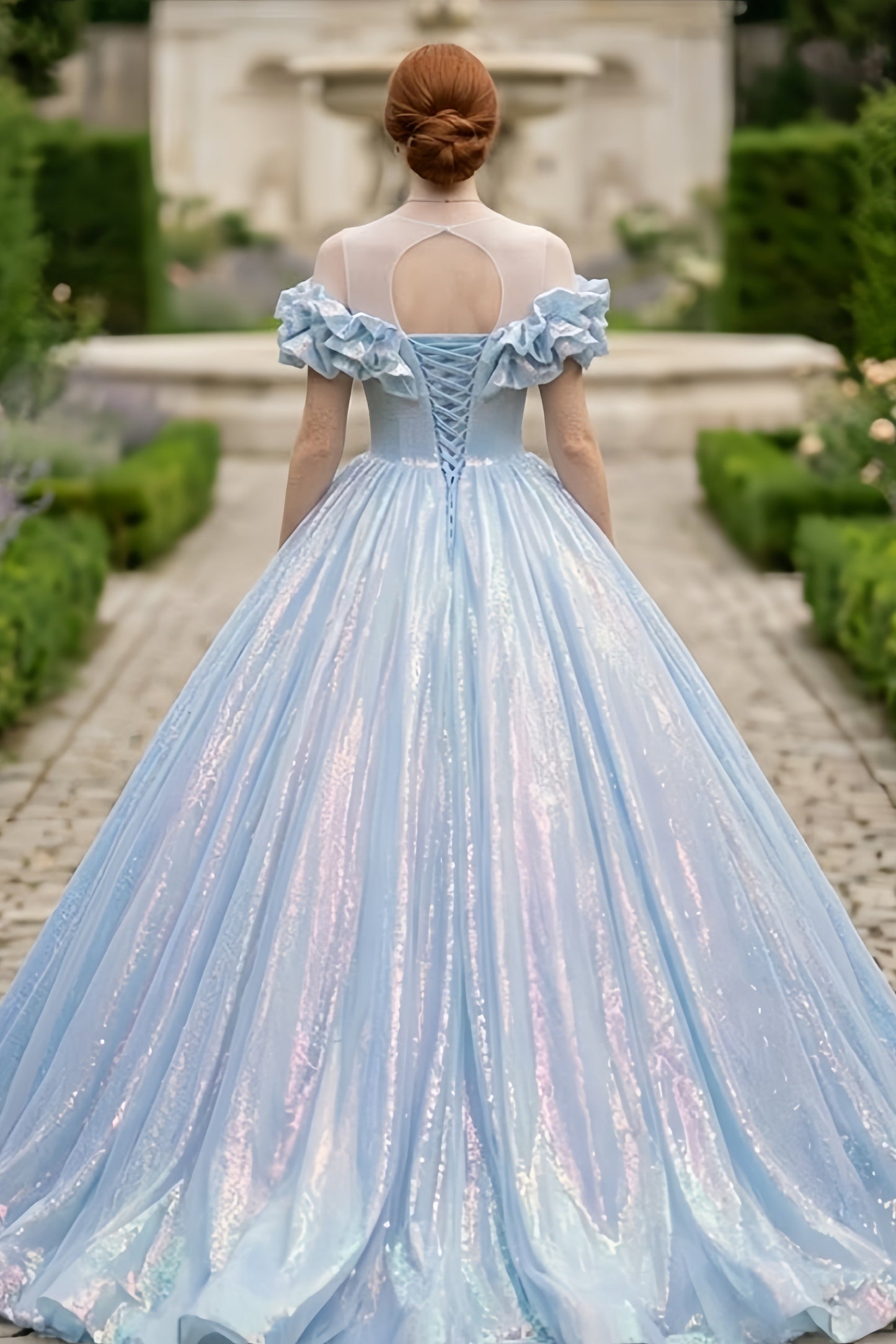 Sequin Blue Ball Gown Round Neck Quinceanera Dress