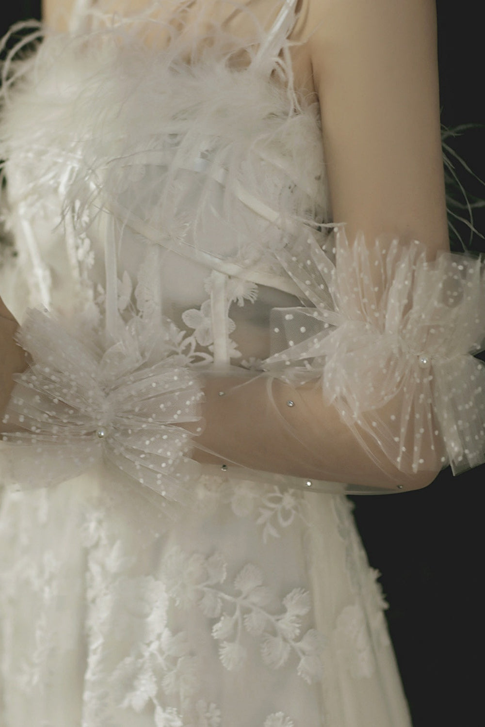 Sheer Polka Dot Fingerless Wedding Gloves with Ruffles