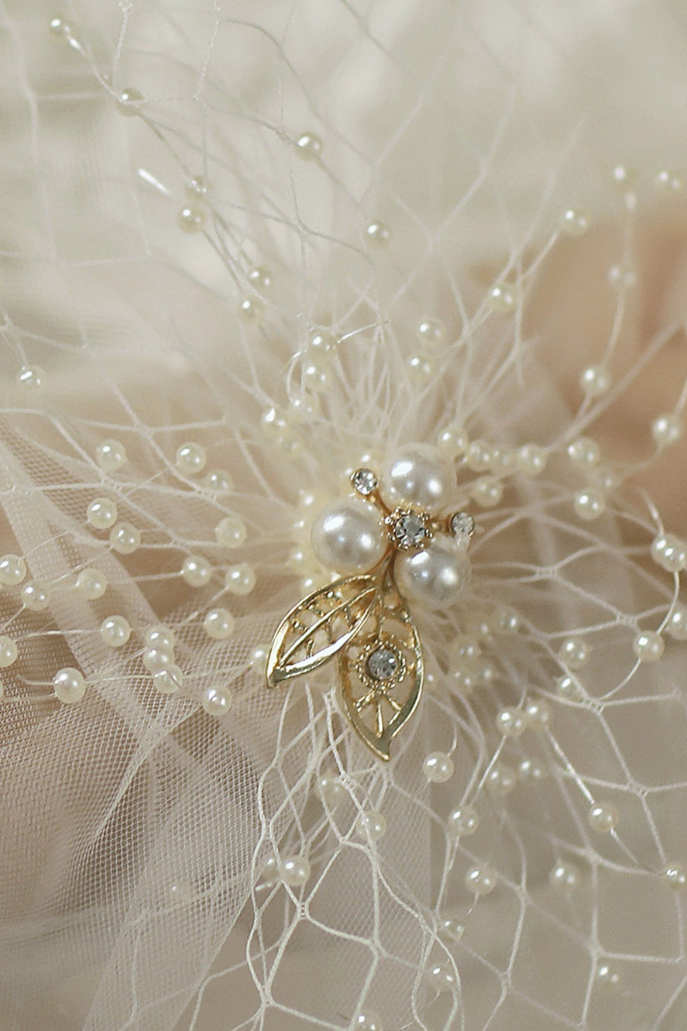 Sheer Short Wedding Gloves with Pearl Netting Cuffs