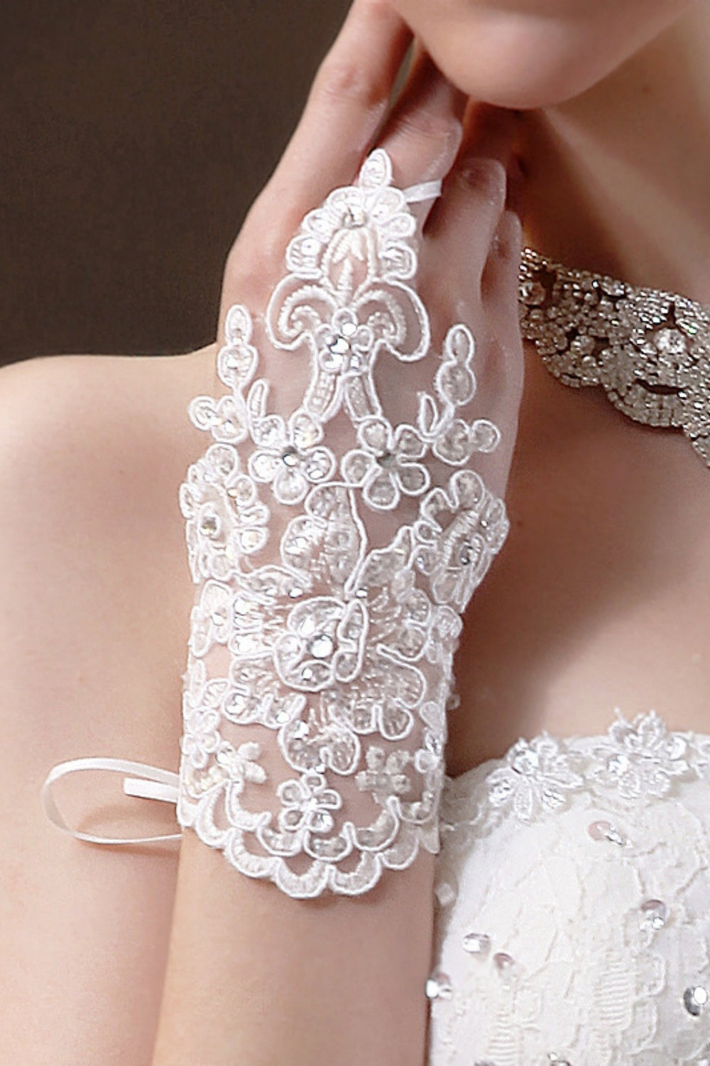 White Wrist-Length Lace Fingerless Wedding Gloves with Rhinestones