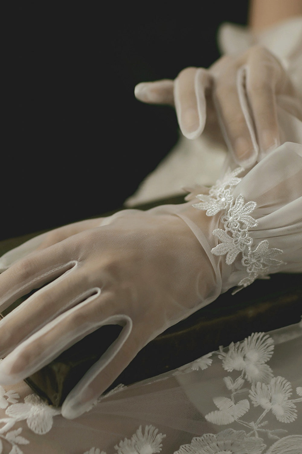 White Sheer Short Wedding Gloves with Ruffled Cuffs