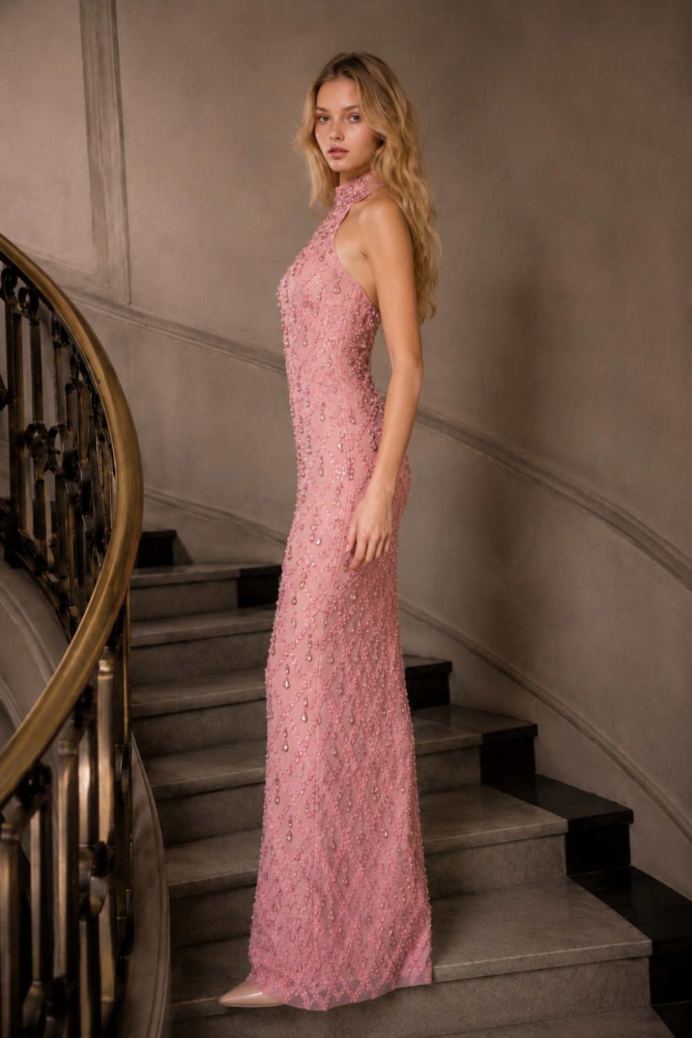 Pink Sheath High Neck Long Prom Dress with Rhinestone