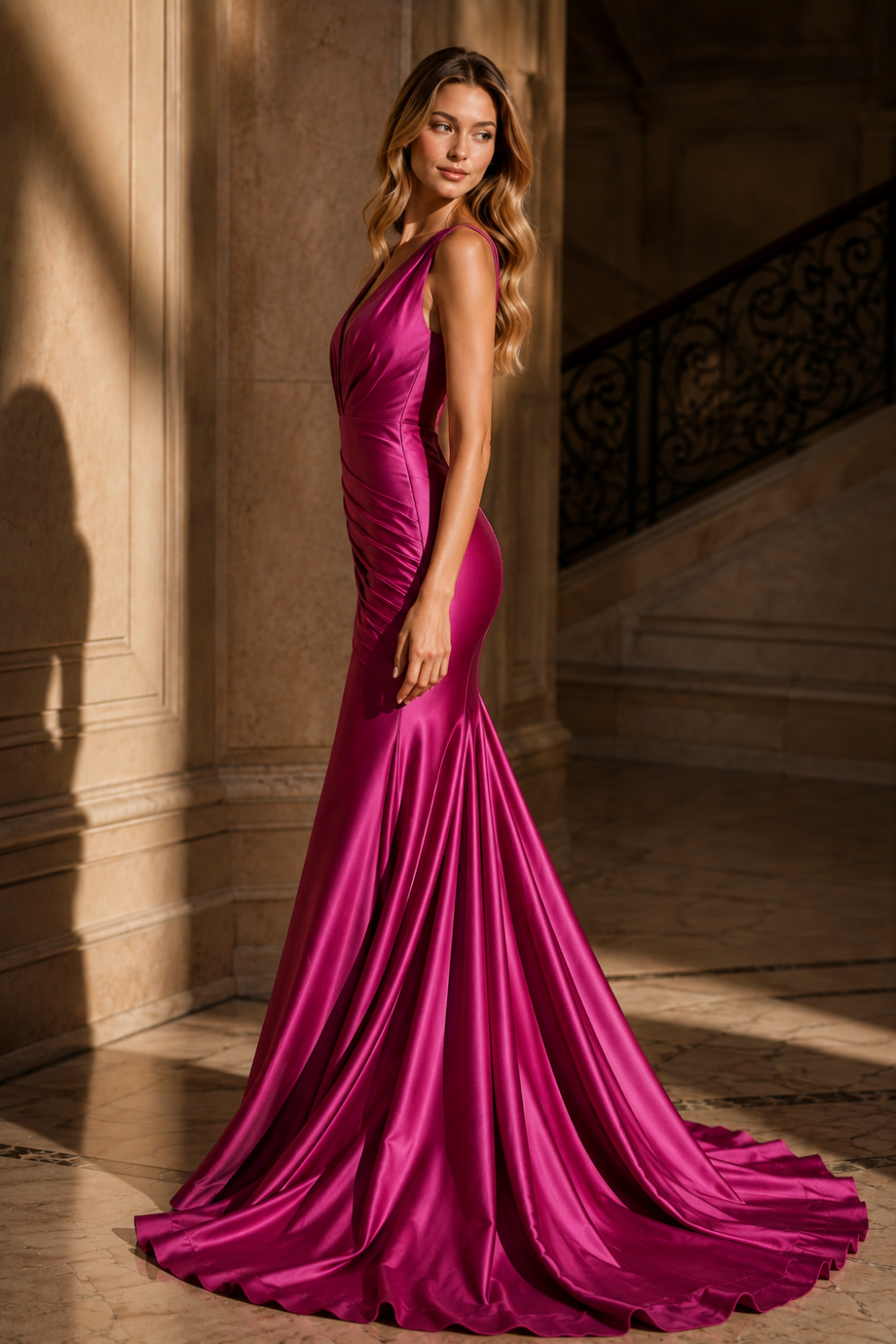 Fuchsia Mermaid V Neck Long Formal Dress with Ruching