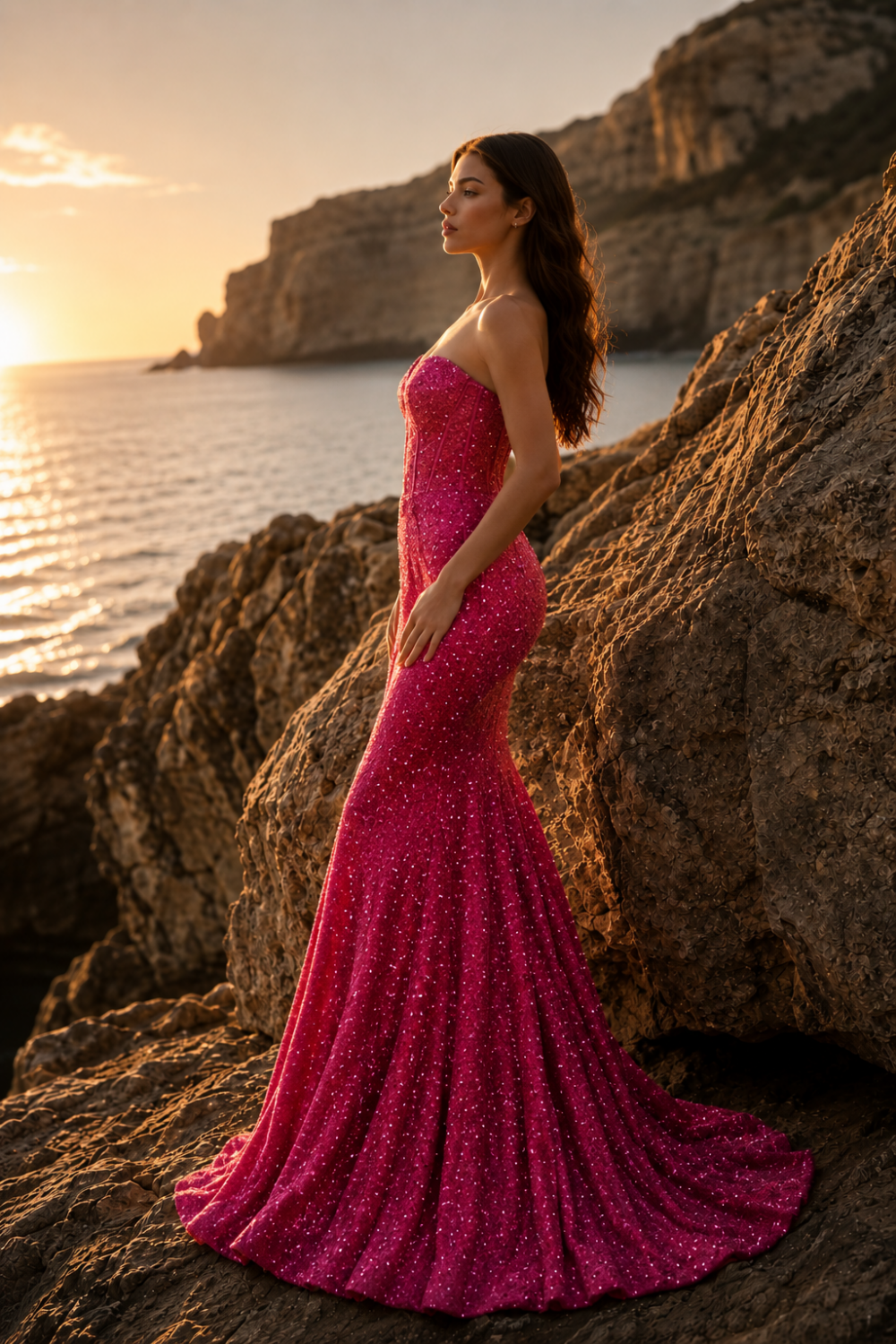 Corset Sequin Fuchsia Mermaid Sweetheart Long Prom Dress