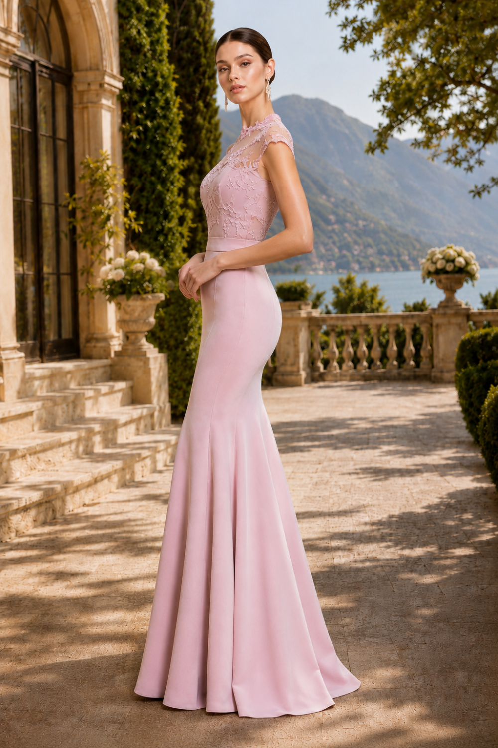 Blush Pink Mermaid Illusion Neck Long Formal Dress with Lace