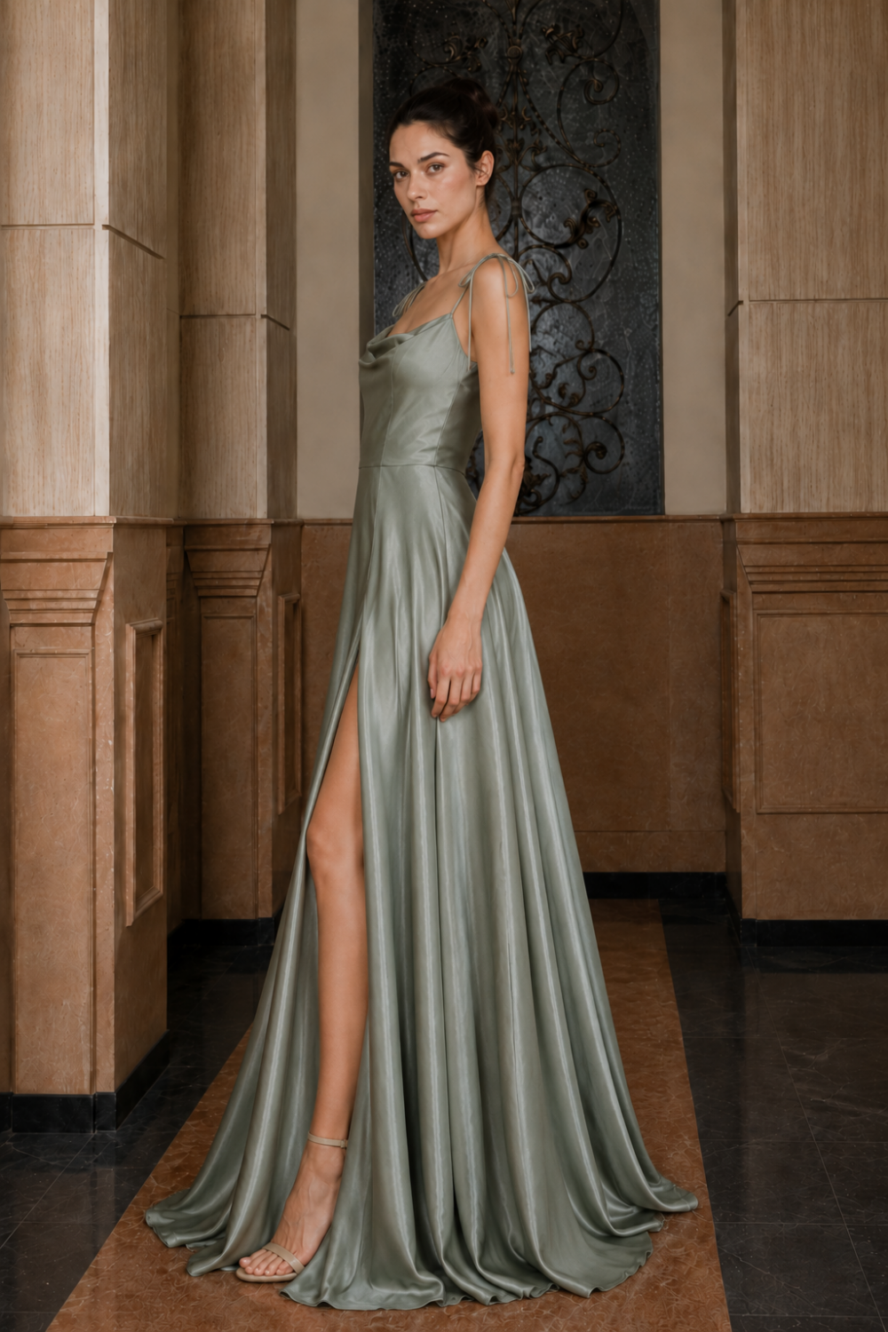 Sage A Line Cowl Neck Long Prom Dress with Slit