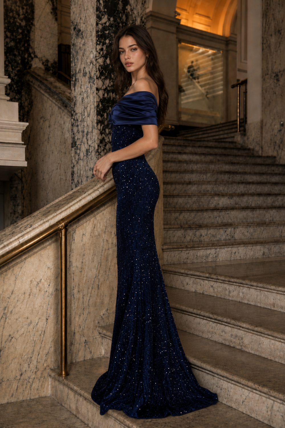 Navy Blue Mermaid Off-the-Shoulder Long Prom Dress with Sequins