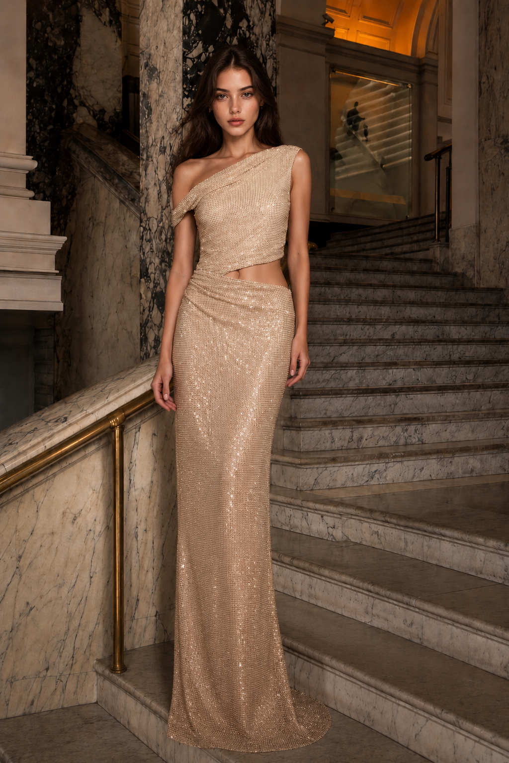 one shoulder champagne dress Vanadress Women Sheath Long Prom with Allover Sequins Side Cutout and Fitted Maxi Skirt All Ready to Wear Women's blue dress Vero Size:King