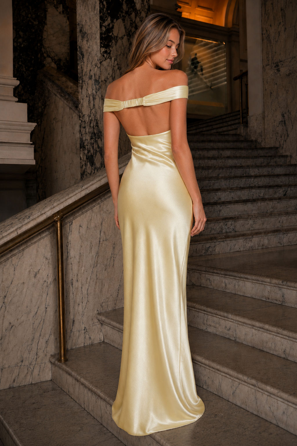 Champagne Sheath Off The Shoulder Evening Dress with Draped Satin Bodice