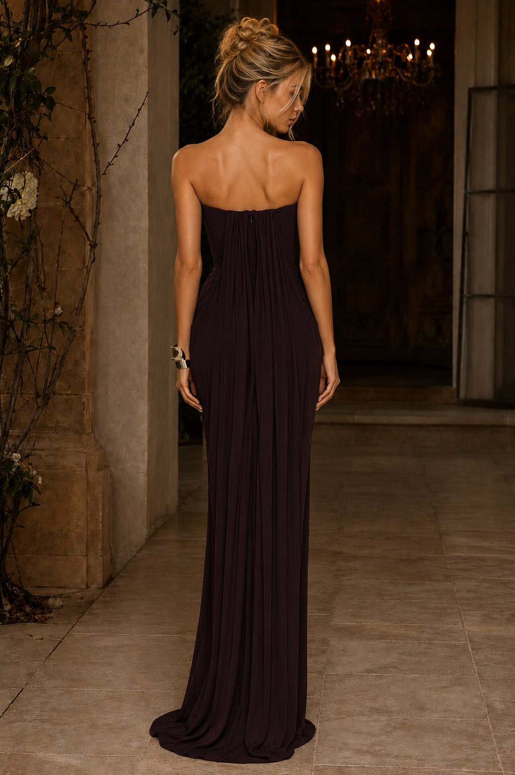 Brown Sheath Strapless Formal Dress with Draping