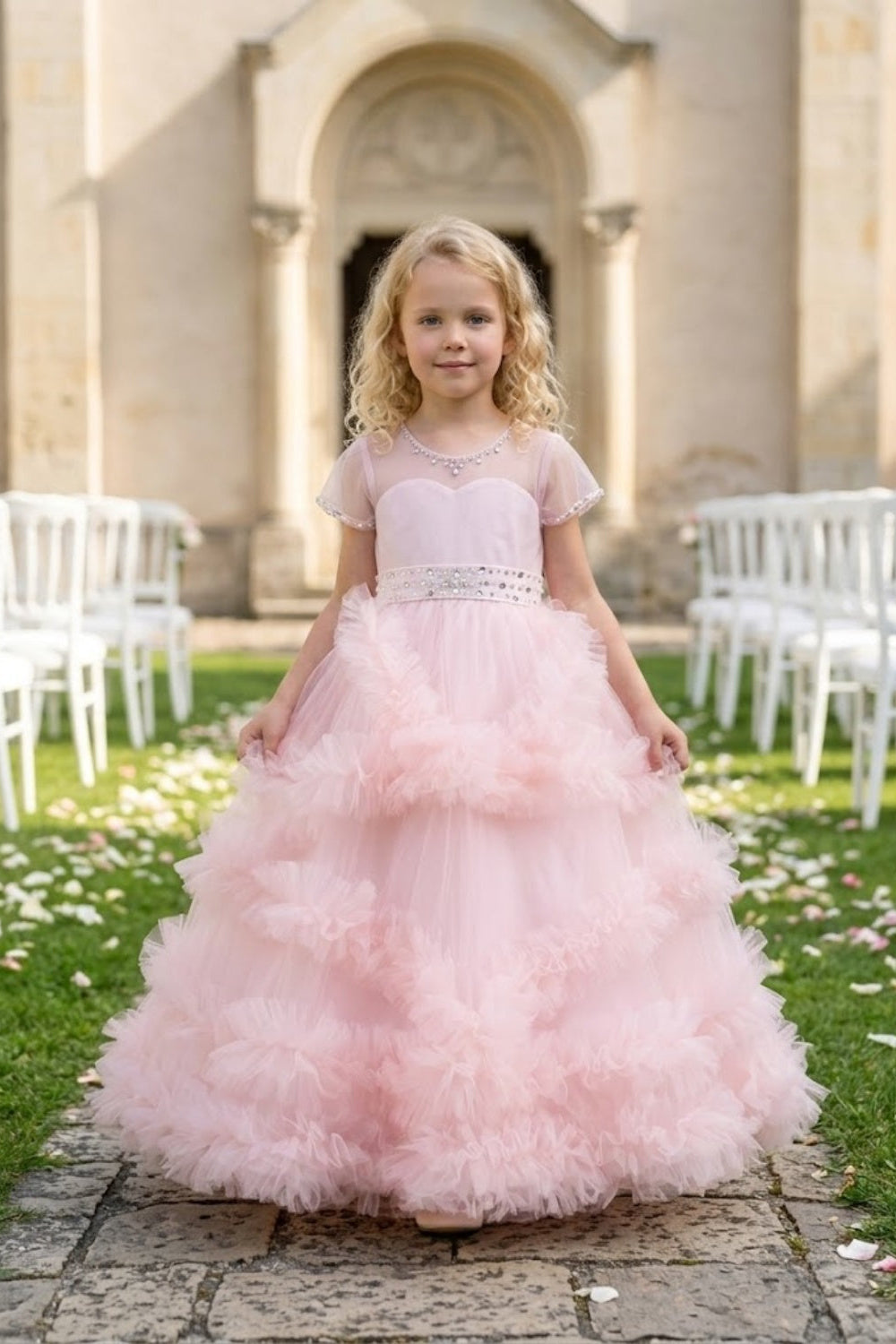 Pink A Line Round Neck Short Sleeve Tulle Flower Girl Dress