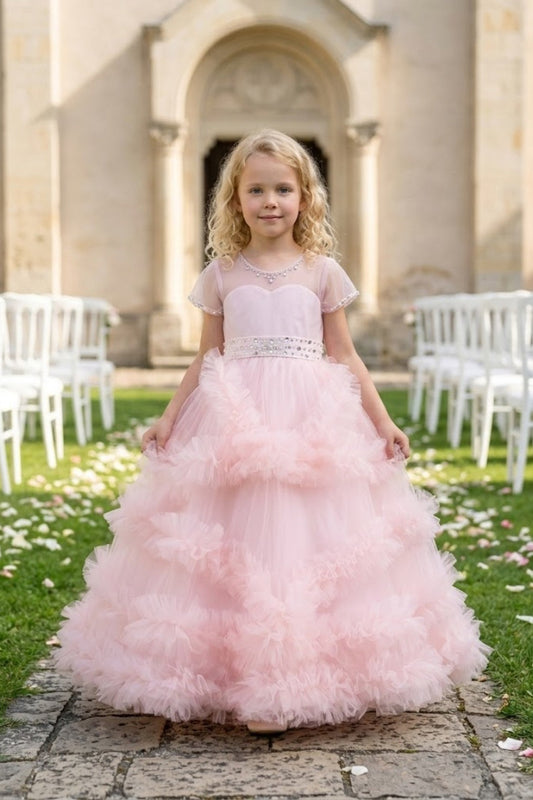 Pink A Line Round Neck Short Sleeve Tulle Flower Girl Dress