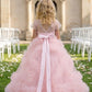 Pink A Line Round Neck Short Sleeve Tulle Flower Girl Dress