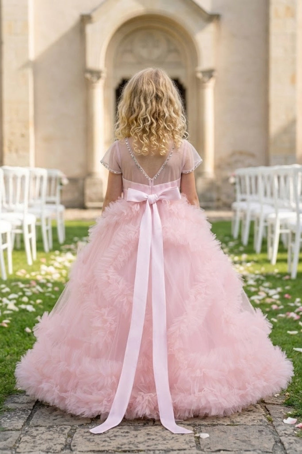 Pink A Line Round Neck Short Sleeve Tulle Flower Girl Dress