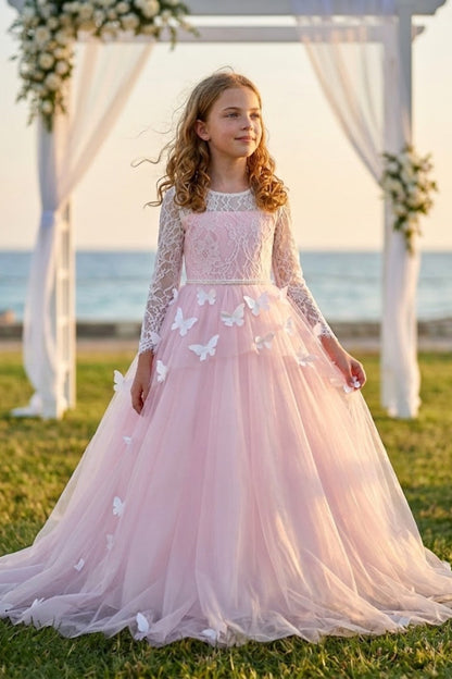 Pink A Line Round Neck Long Sleeve Lace Tulle Flower Girl Dress