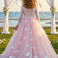 Pink A Line Round Neck Long Sleeve Lace Tulle Flower Girl Dress