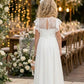White A Line Round Neck Short Sleeve Lace Chiffon Flower Girl Dress