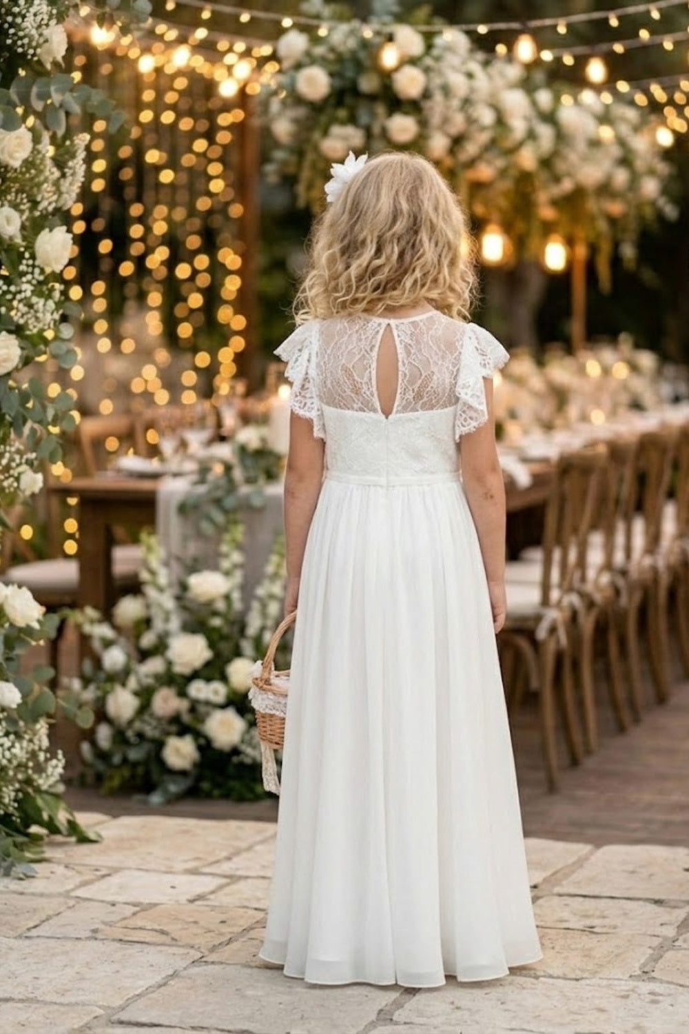White A Line Round Neck Short Sleeve Lace Chiffon Flower Girl Dress