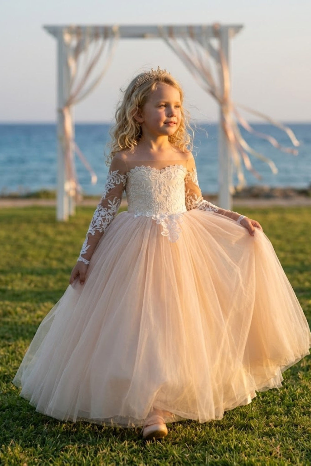 Pink A Line Round Neck Long Sleeve Lace Tulle Flower Girl Dress