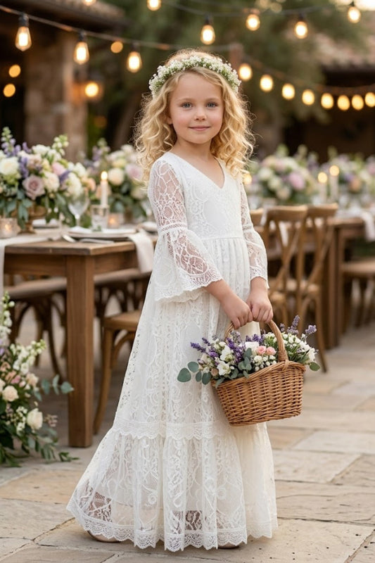 White A Line V Neck Half Sleeve Lace Flower Girl Dress
