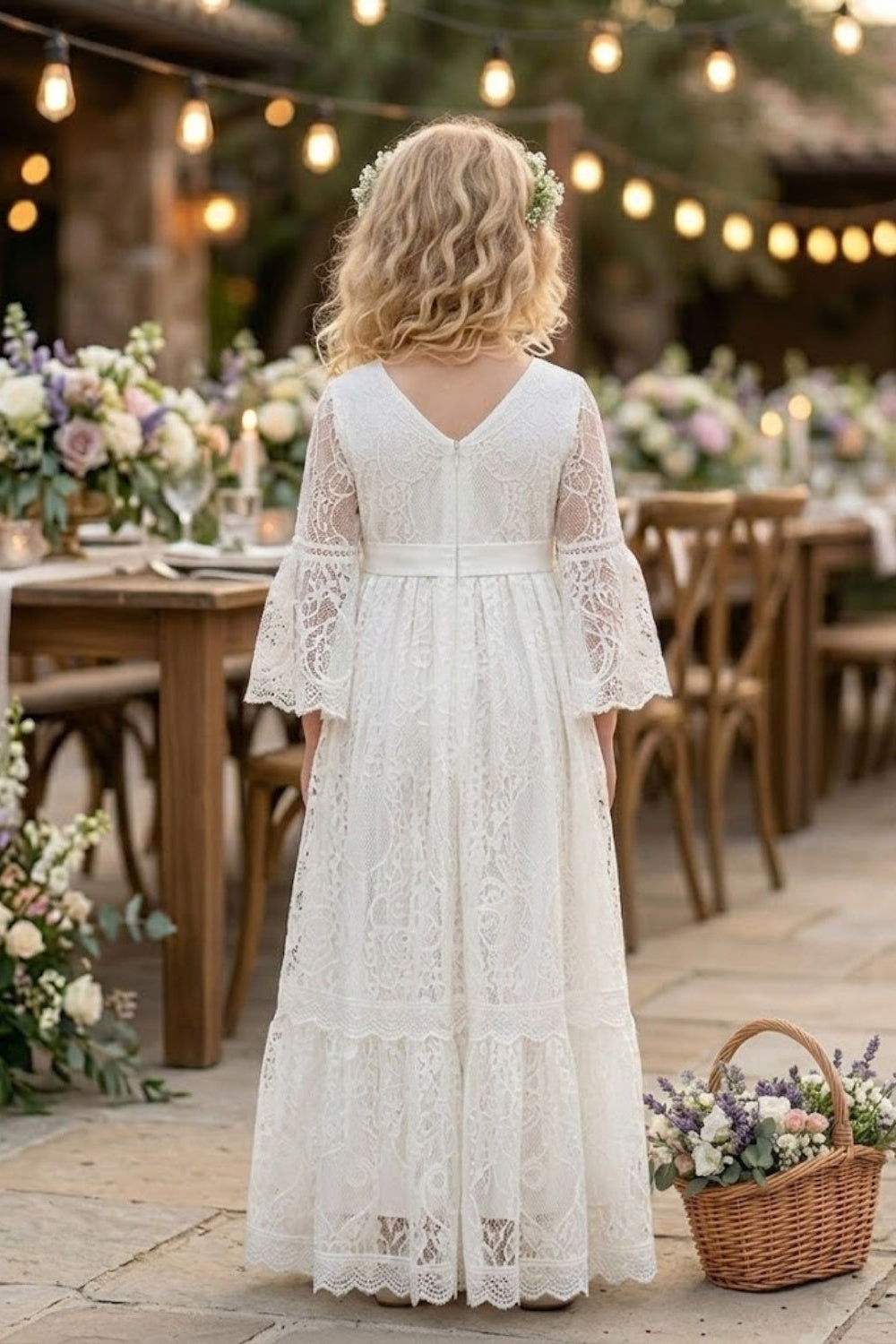 White A Line V Neck Half Sleeve Lace Flower Girl Dress