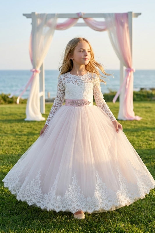 Blush Pink A Line Round Neck Lace and Tulle Flower Girl Dress