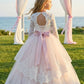 Blush Pink A Line Round Neck Lace and Tulle Flower Girl Dress