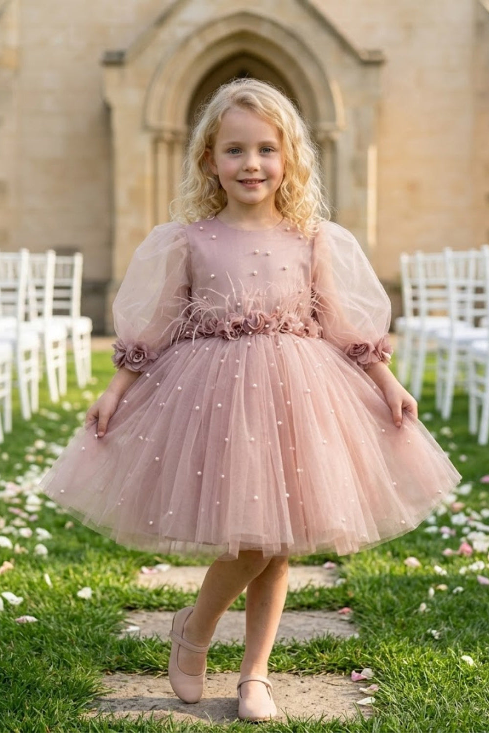 Pink A Line Round Neck Half Sleeve Tulle Flower Girl Dress