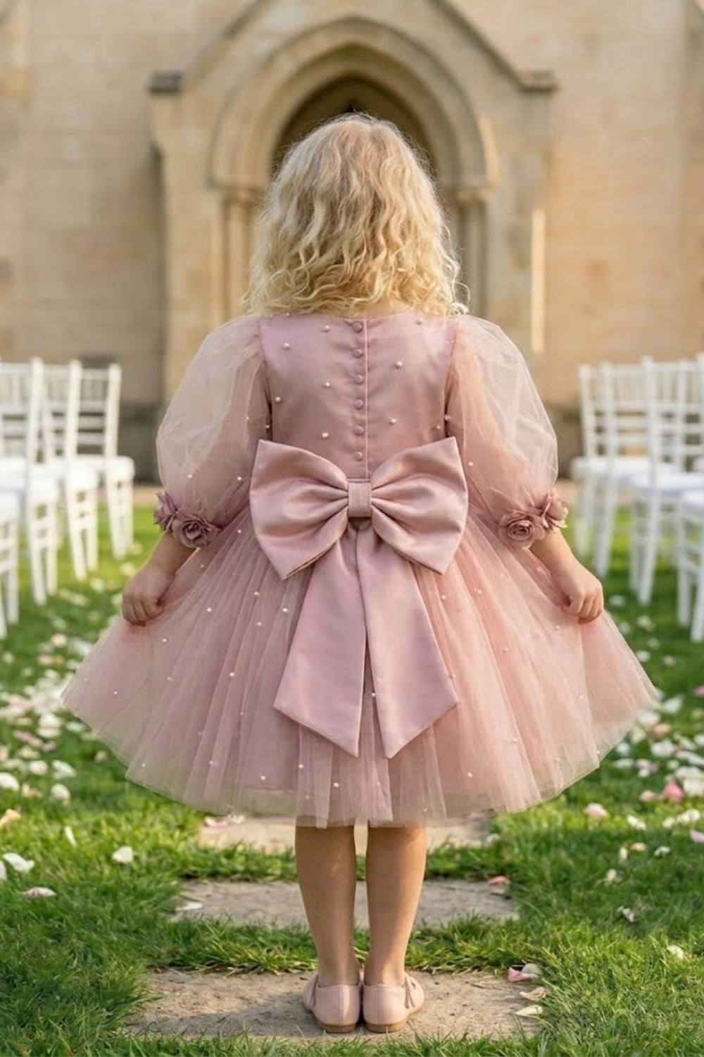Pink A Line Round Neck Half Sleeve Tulle Flower Girl Dress