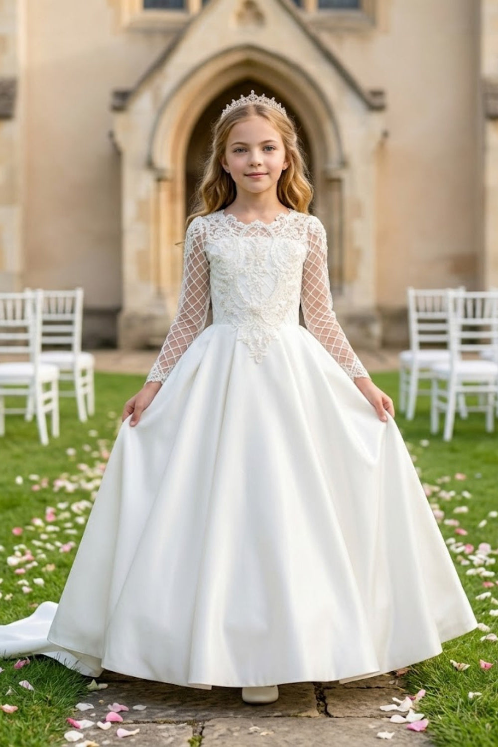 White A Line Round Neck Long Sleeve Lace Satin Flower Girl Dress