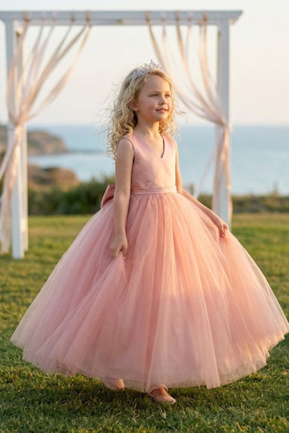 Pink A Line V Neck Sleeveless Satin Tulle Flower Girl Dress