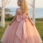 Pink A Line V Neck Sleeveless Satin Tulle Flower Girl Dress