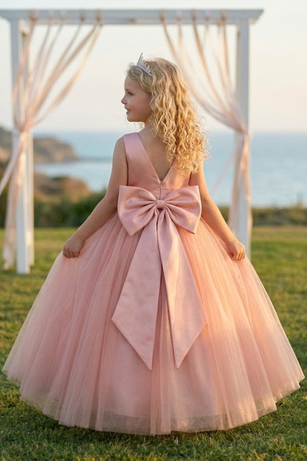 Pink A Line V Neck Sleeveless Satin Tulle Flower Girl Dress