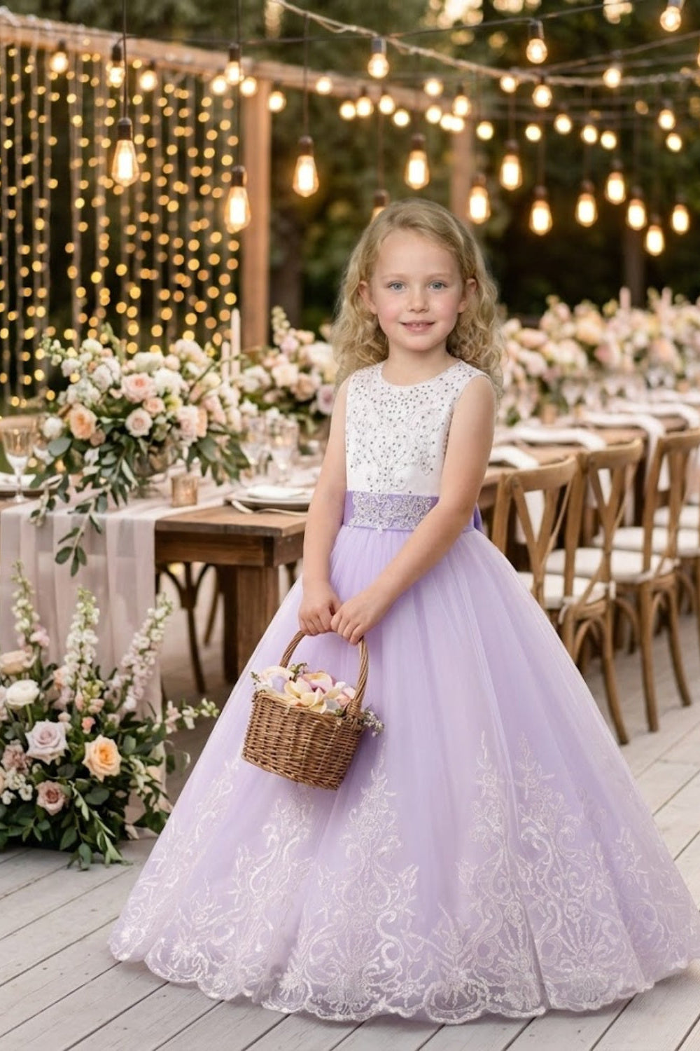 Purple A Line Round Neck Sleeveless Lace Tulle Flower Girl Dress