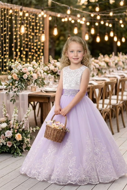 Purple A Line Round Neck Sleeveless Lace Tulle Flower Girl Dress
