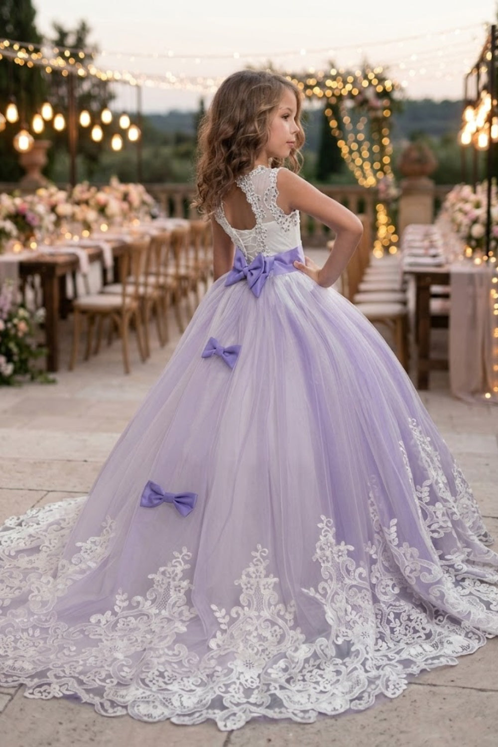 Purple A Line Round Neck Sleeveless Lace Tulle Flower Girl Dress