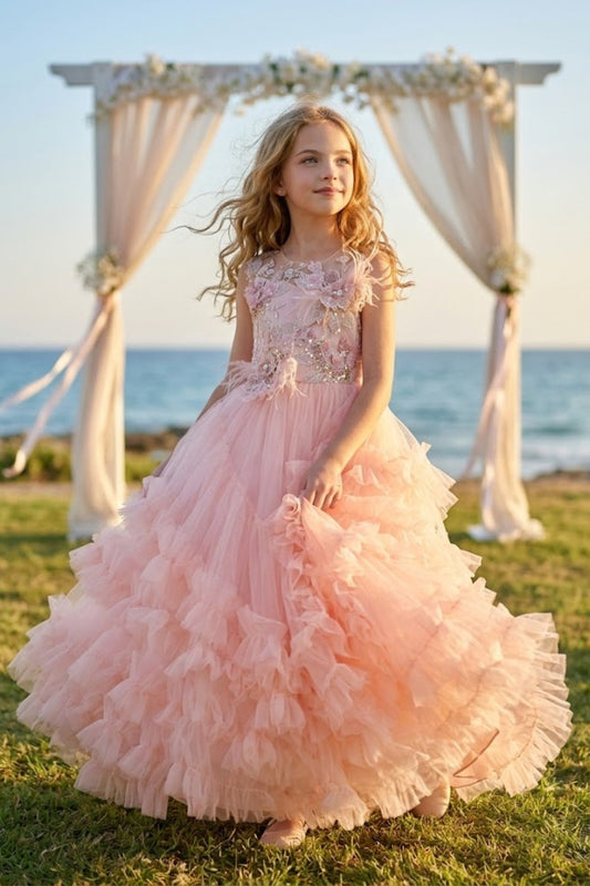 Pink A Line Round Neck Sleeveless Tulle Flower Girl Dress