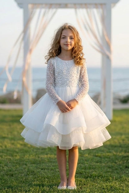 White A Line Round Neck Long Sleeve Pearl Tulle Flower Girl Dress