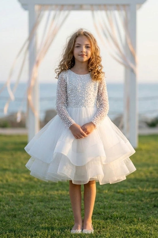 White A Line Round Neck Long Sleeve Pearl Tulle Flower Girl Dress