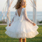 White A Line Round Neck Long Sleeve Pearl Tulle Flower Girl Dress