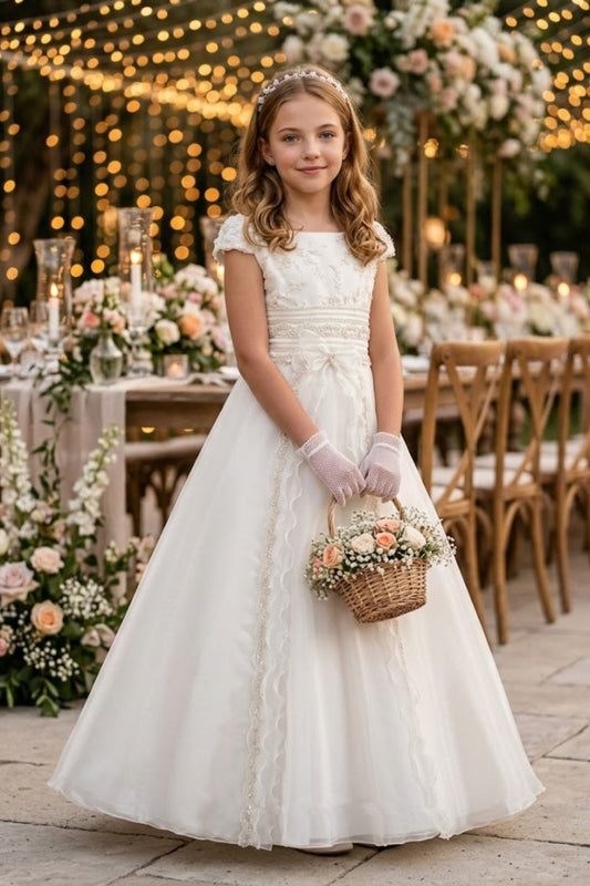 White A Line Round Neck Short Sleeve Lace Satin Flower Girl Dress