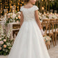 White A Line Round Neck Short Sleeve Lace Satin Flower Girl Dress