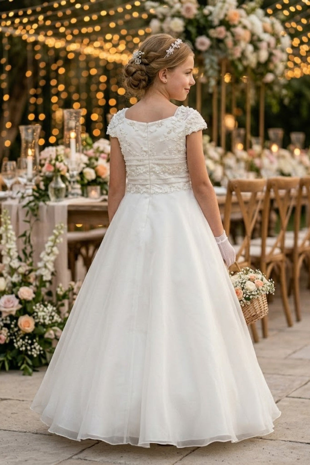 White A Line Round Neck Short Sleeve Lace Satin Flower Girl Dress