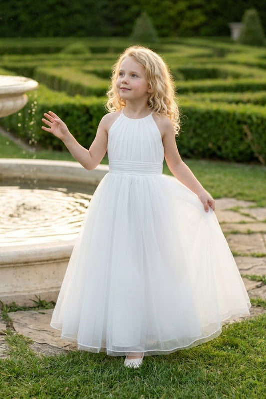 White A Line Halter Neck Sleeveless Chiffon Flower Girl Dress