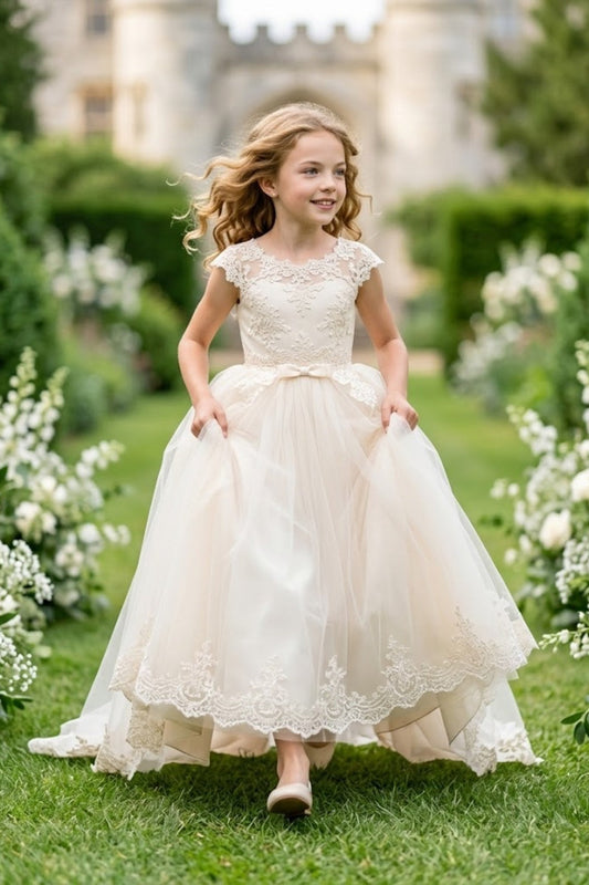 Champagne A Line Round Neck Short Sleeve Lace Tulle Flower Girl Dress